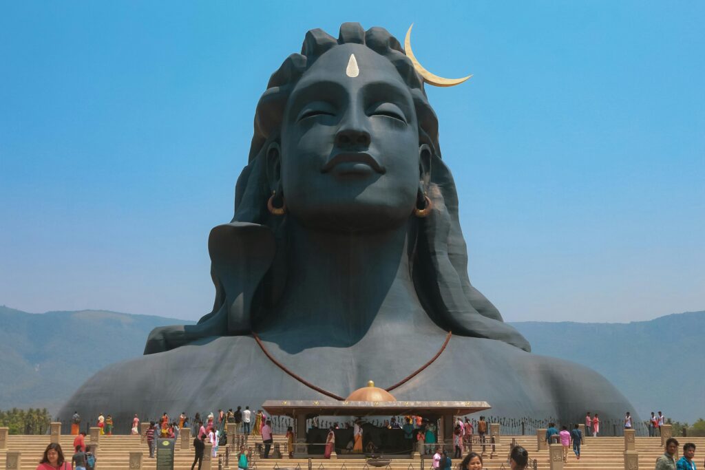Majestic Adiyogi Shiva statue with visitors at Coimbatore, India.