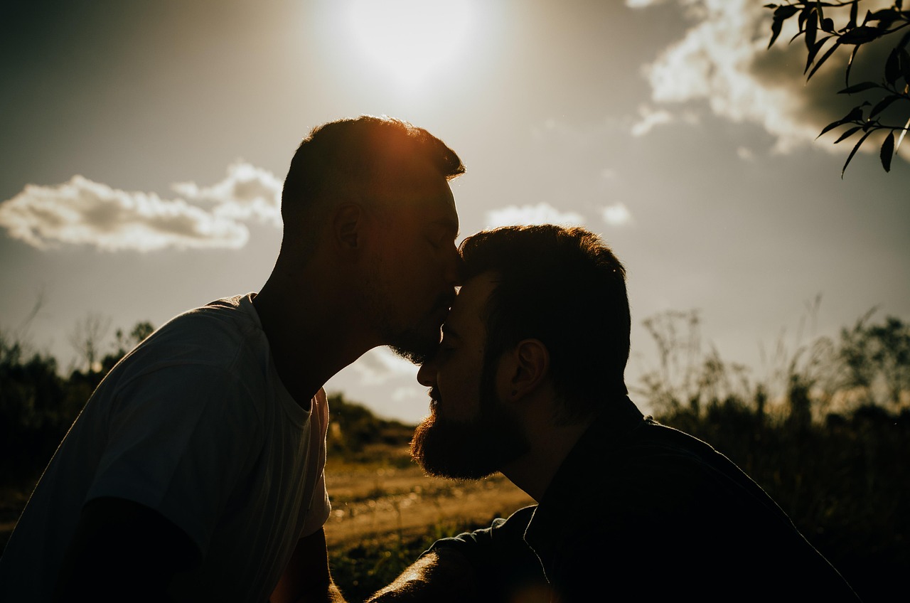 lovers, meadow, portrait, outdoors, nature, gay couple, couple, relationship, pride, lgbtqia, love, love is love, equal rights, kiss, lgbtiqa, pride month